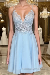 A Line V Neck Short Blue Lace Semi Formal Prom Dresses, Short Blue Lace Formal Homecoming Dresses